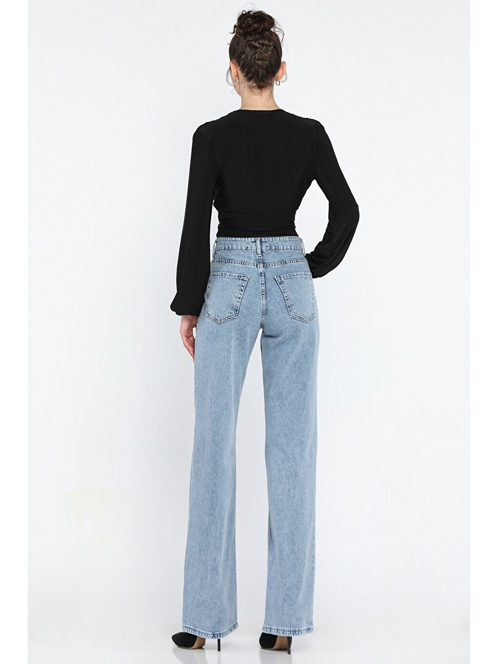 Mavi Ön Detaylı Kadın Bol Paça Mom Jean Pantolon-2