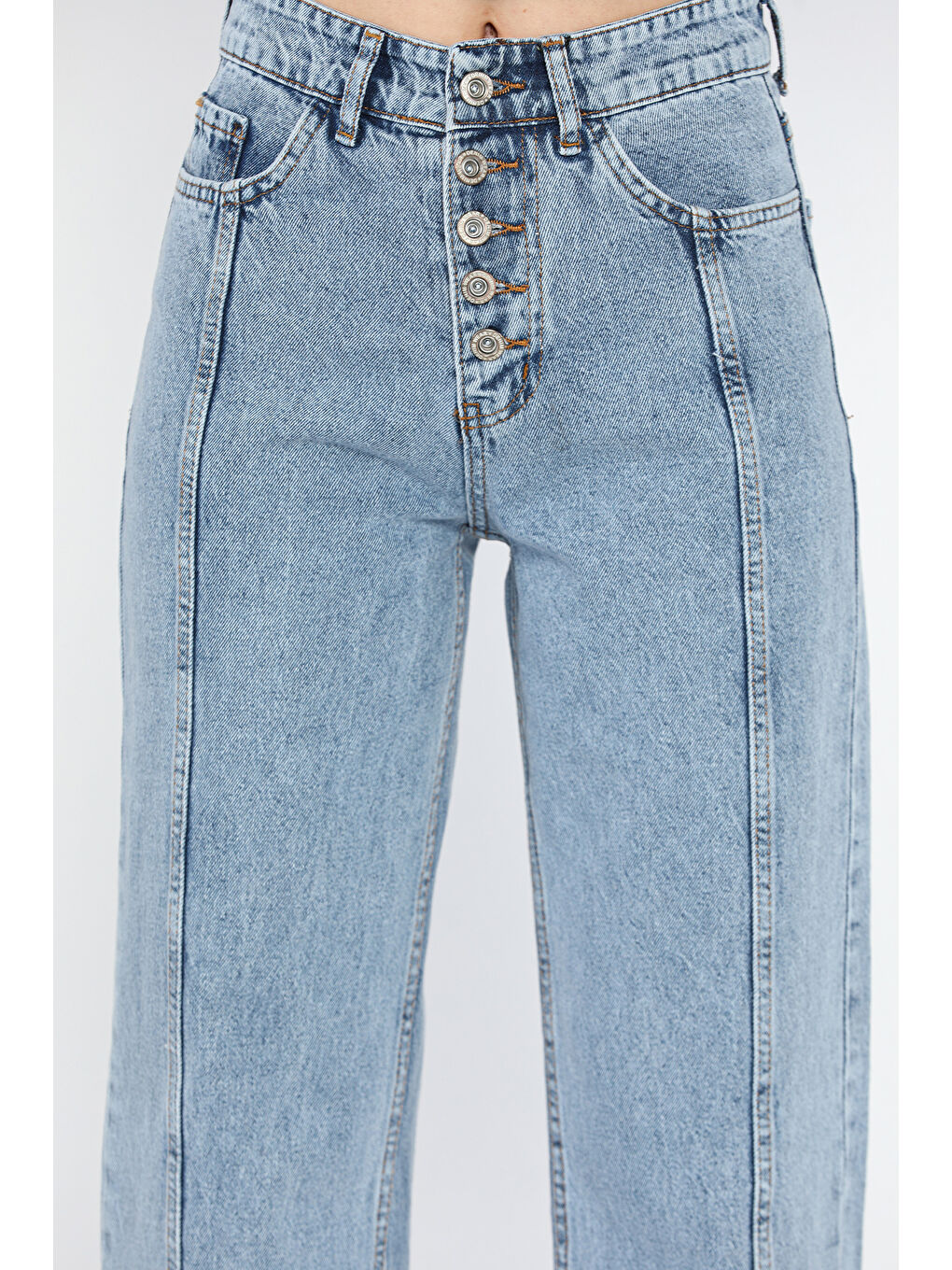 Mavi Ön Detaylı Kadın Bol Paça Mom Jean Pantolon-3