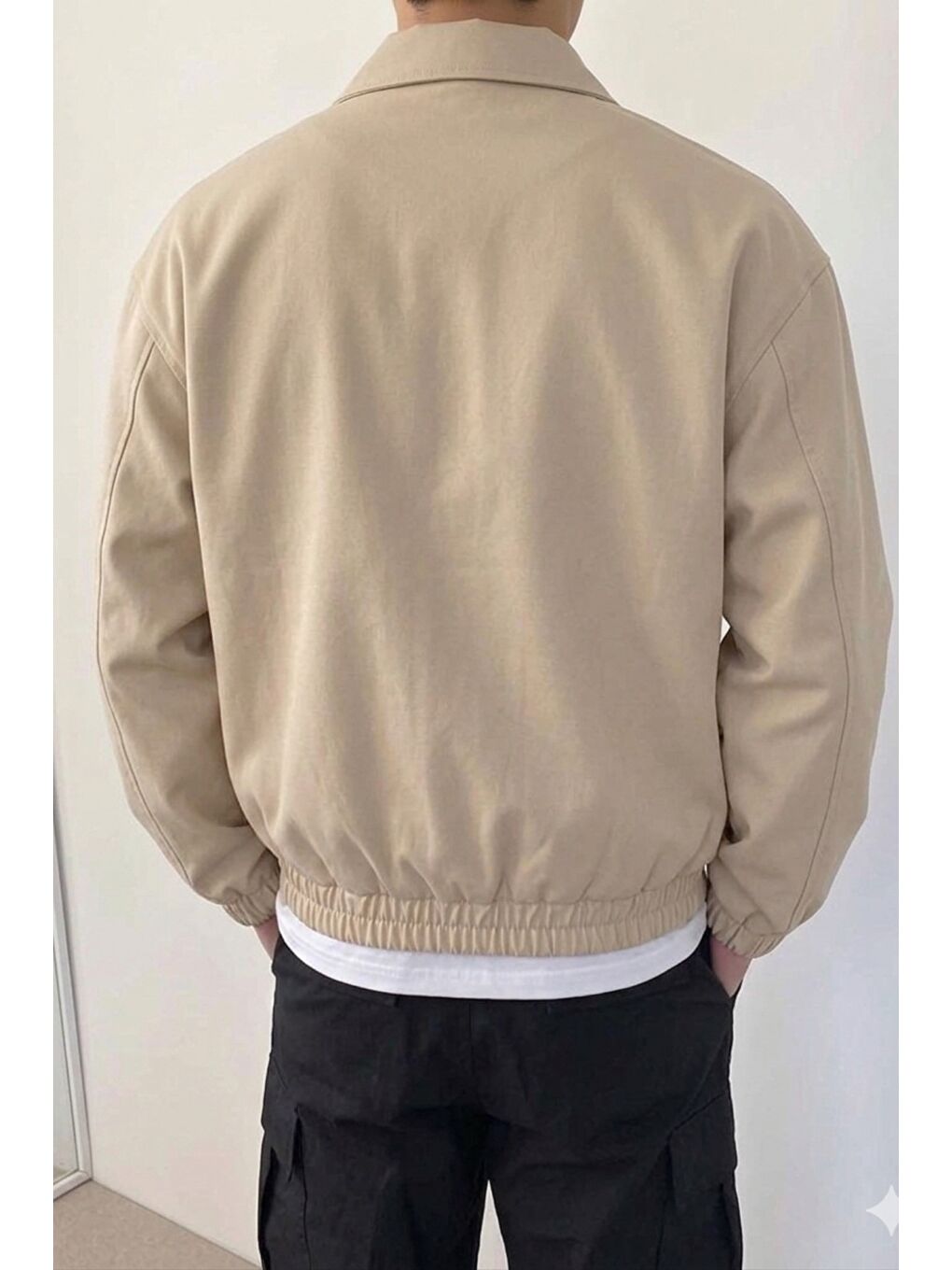 Bej Erkek Oversize Bomber Ceket Fermuarlı Basic Günlük Mont-1