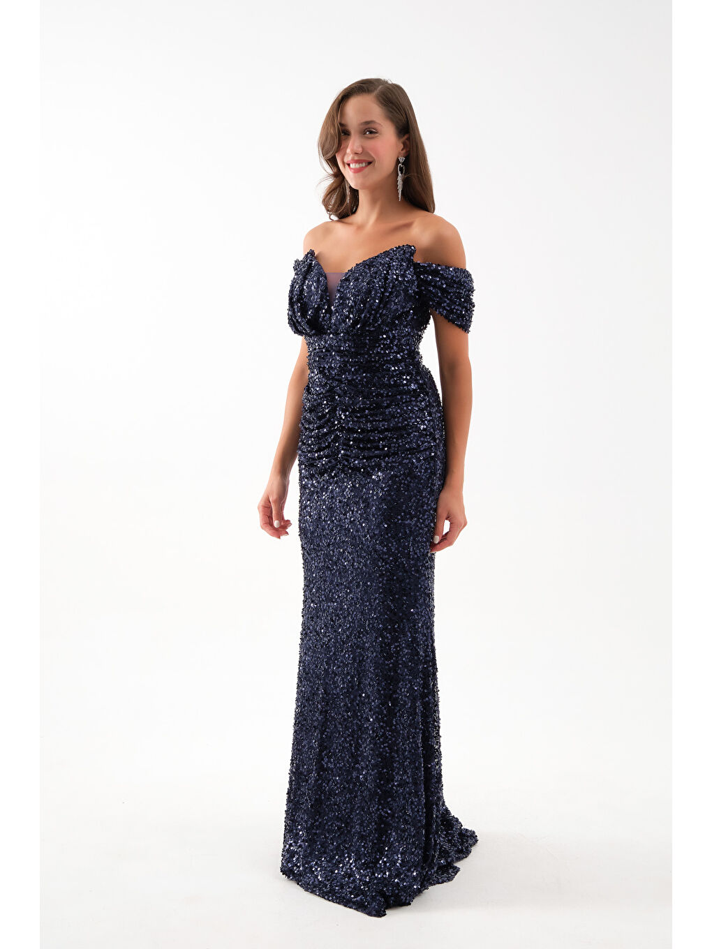 Kadın Lacivert Kayık Yaka Kısa Kol Payetli Uzun Abiye Elbise-2