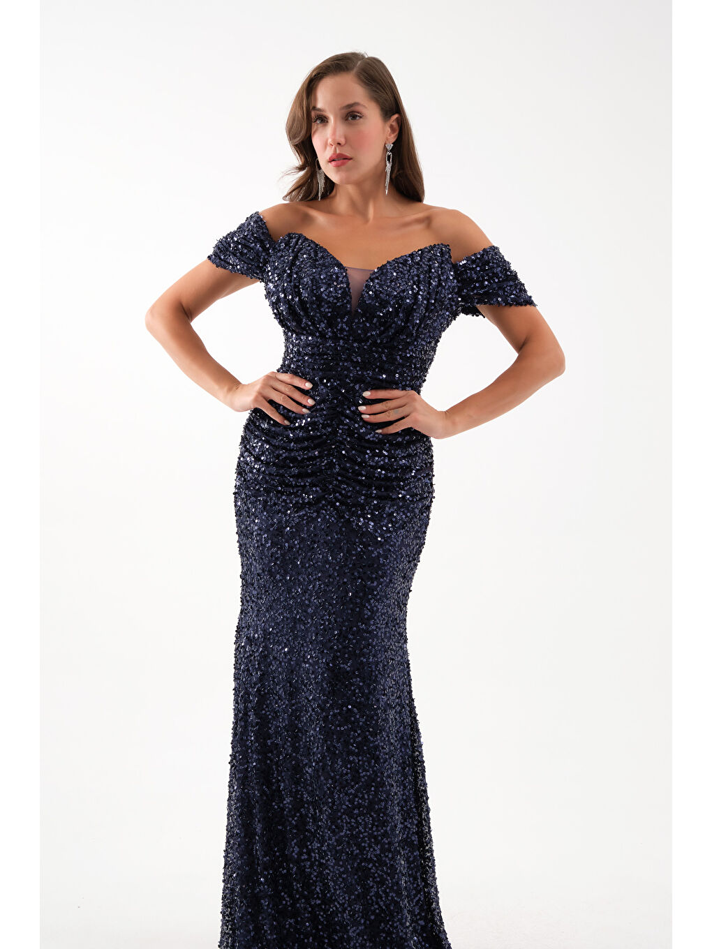 Kadın Lacivert Kayık Yaka Kısa Kol Payetli Uzun Abiye Elbise-3