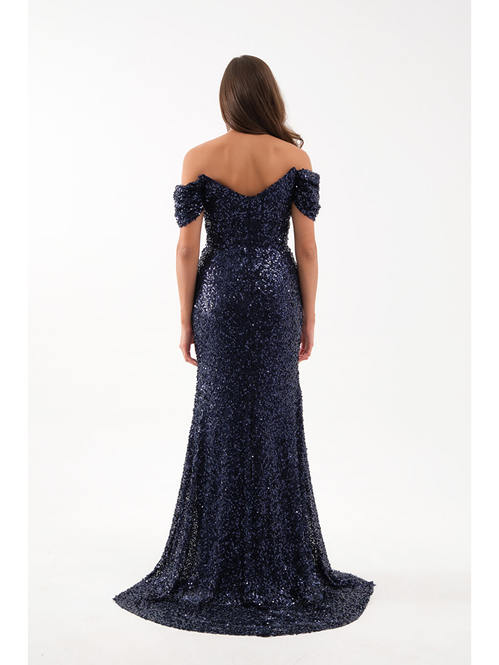 Kadın Lacivert Kayık Yaka Kısa Kol Payetli Uzun Abiye Elbise-4