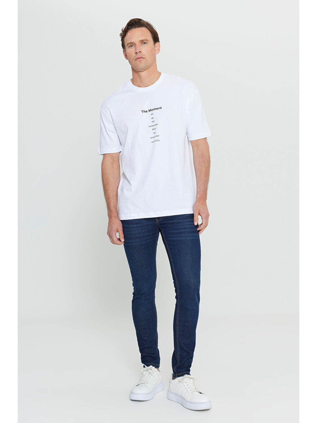 Erkek Kırık Beyaz Oversize %100 Pamuk Bol Kesim Bisiklet Yaka Baskılı Tişört-1