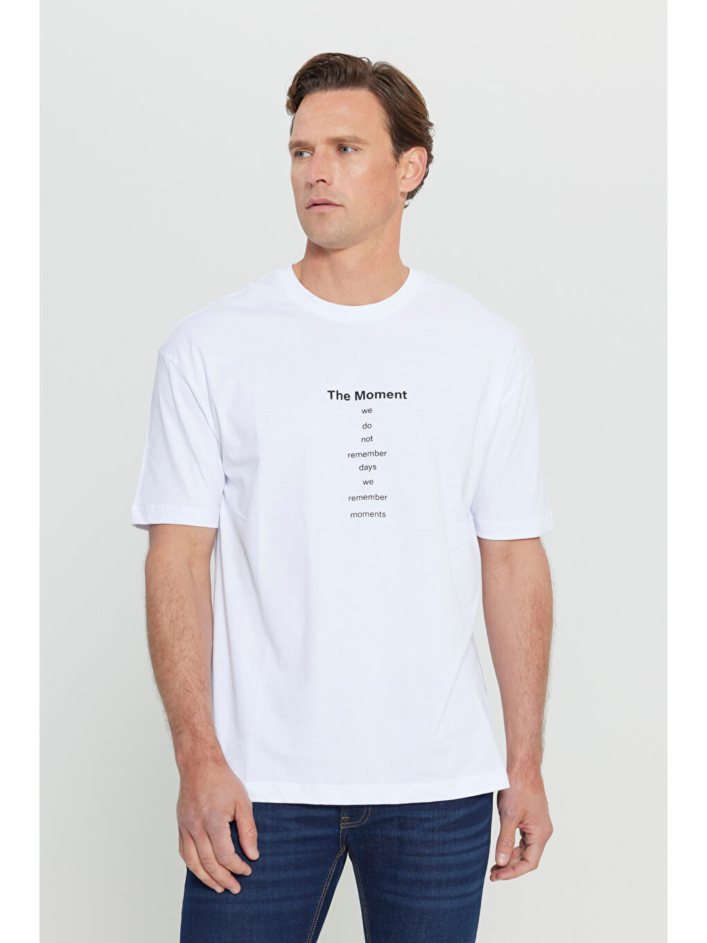 Erkek Kırık Beyaz Oversize %100 Pamuk Bol Kesim Bisiklet Yaka Baskılı Tişört-2