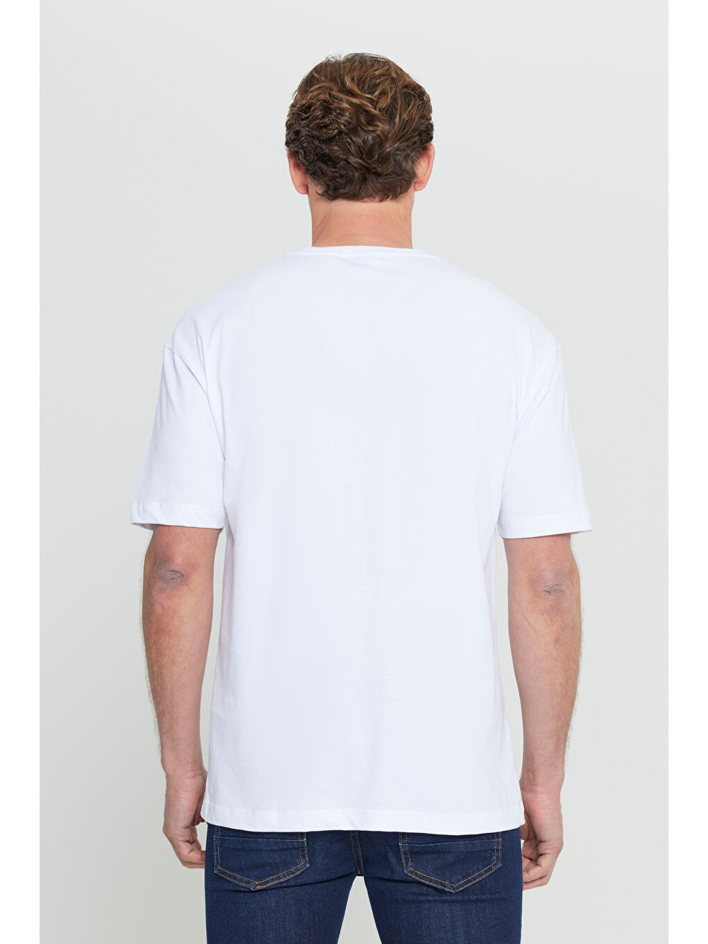 Erkek Kırık Beyaz Oversize %100 Pamuk Bol Kesim Bisiklet Yaka Baskılı Tişört-4