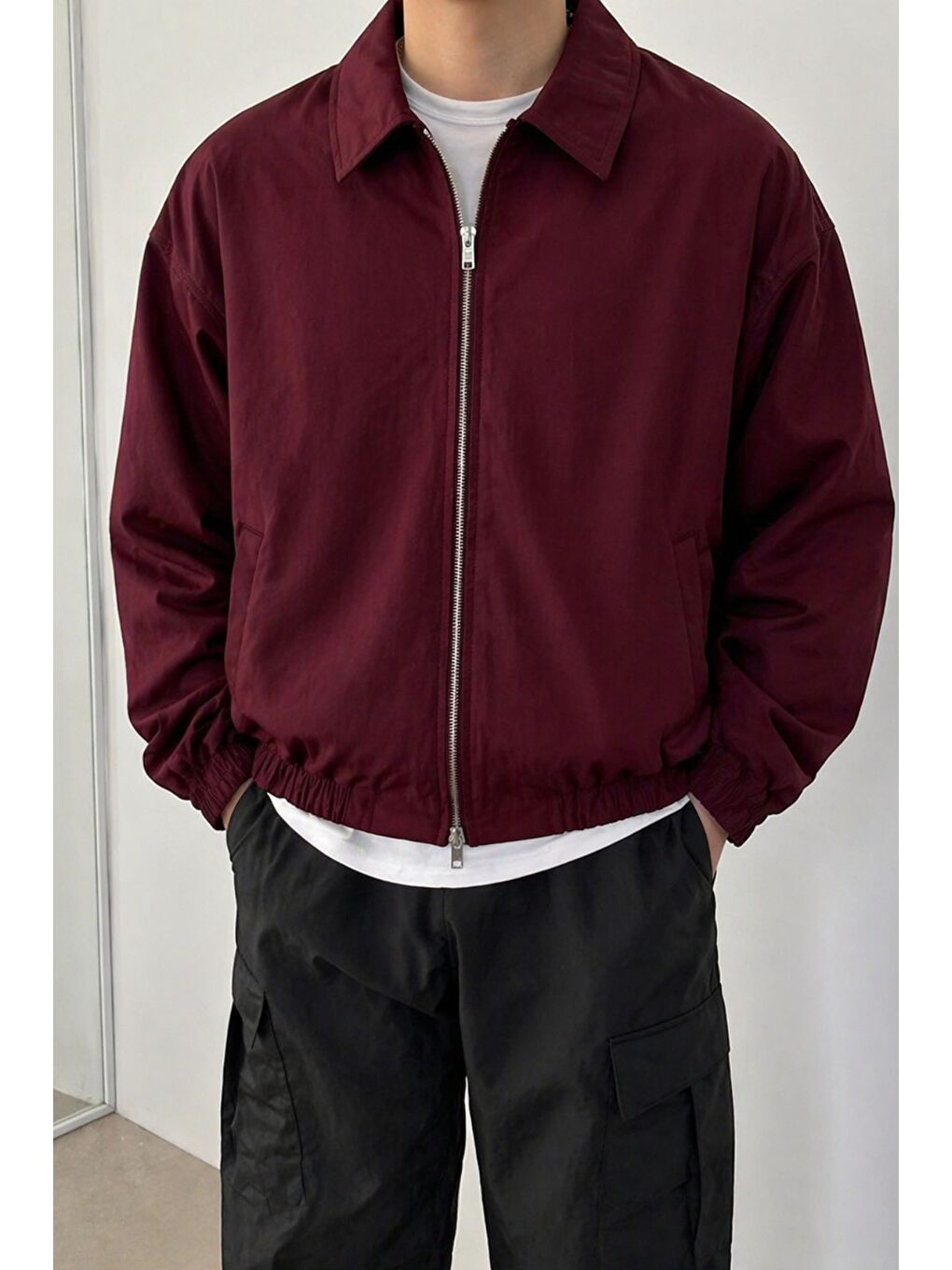 Bordo Erkek Oversize Bomber Ceket Fermuarlı Basic Günlük Mont
