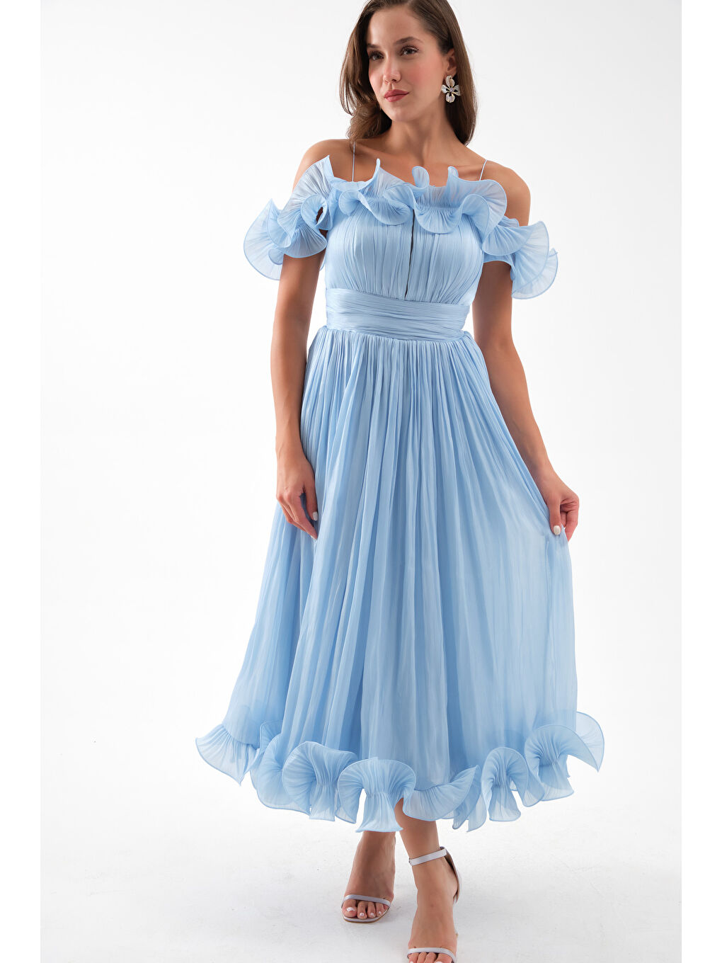 Kadın Bebe Mavi Yaka Detay Midi Abiye Elbise-2