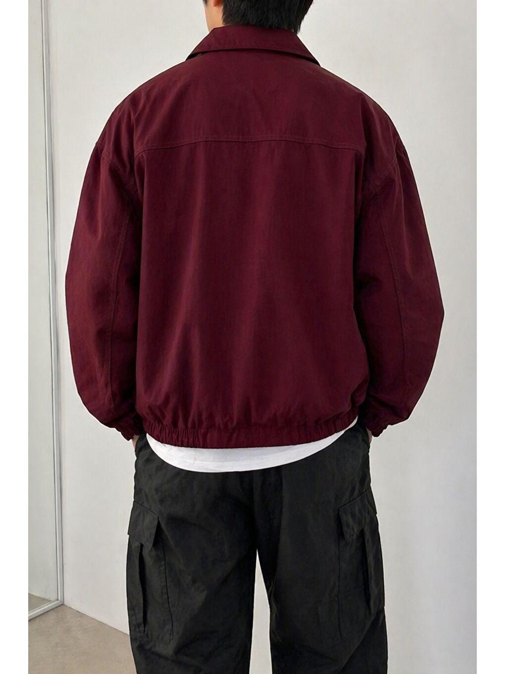 Bordo Erkek Oversize Bomber Ceket Fermuarlı Basic Günlük Mont-1