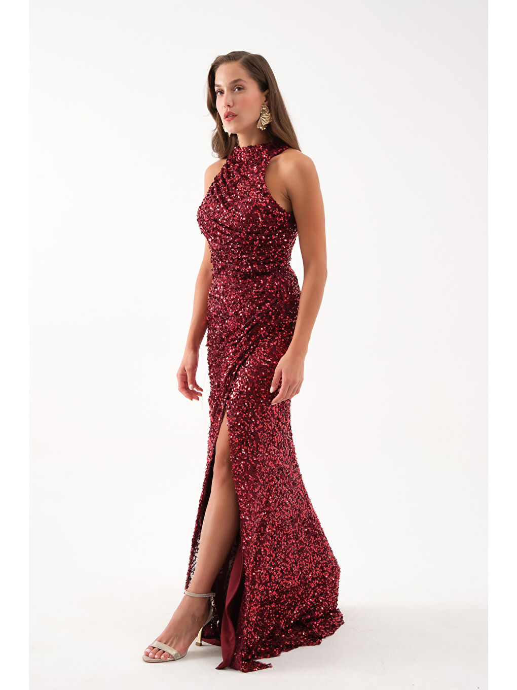 Kadın Bordo Pul İşlemeli Balık Abiye Elbise-3