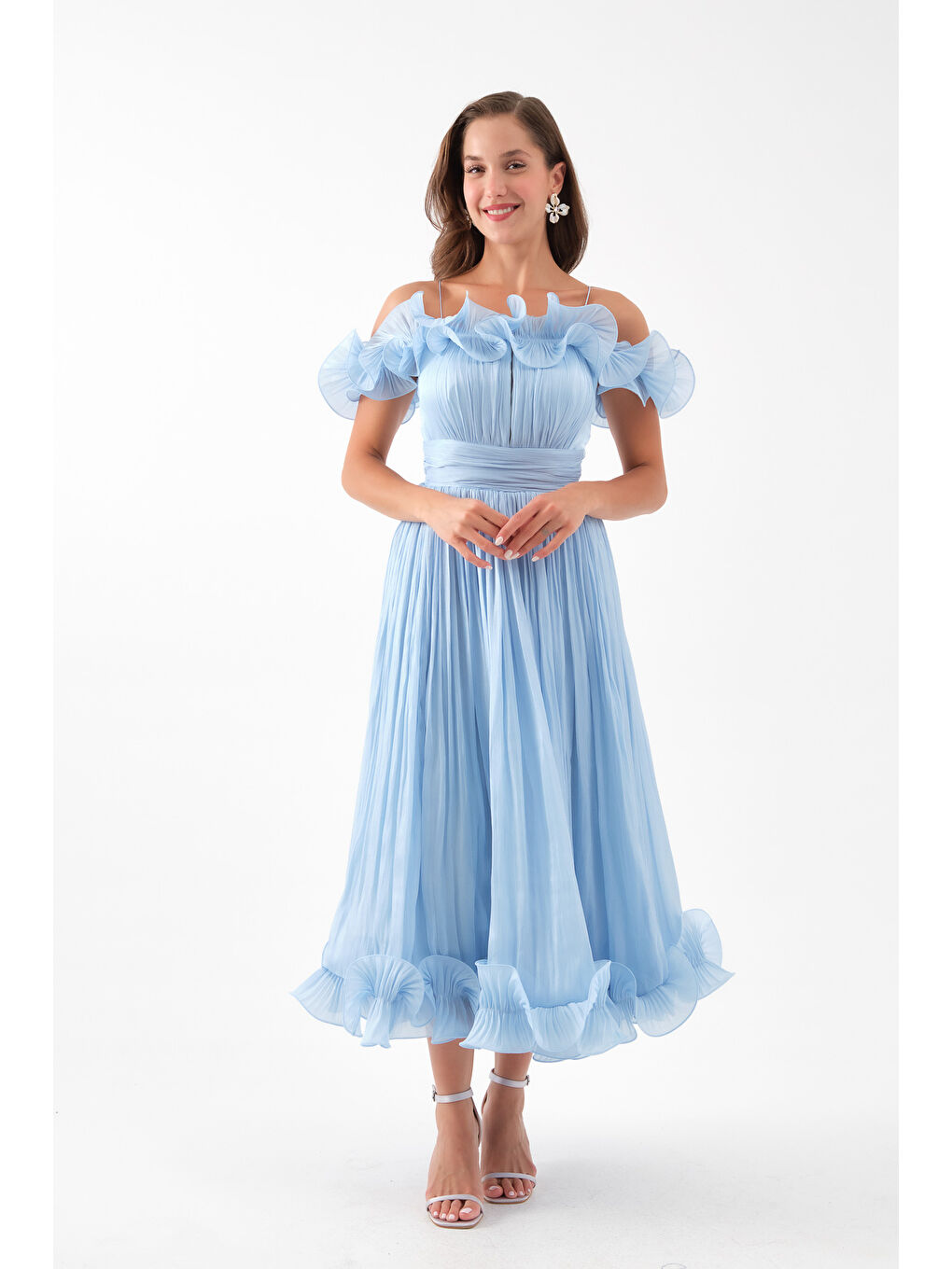 Kadın Bebe Mavi Yaka Detay Midi Abiye Elbise-3