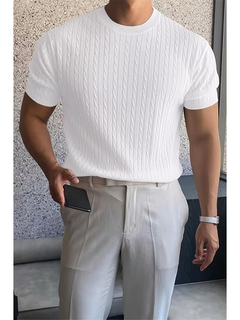 Beyaz Kelly Lüks Seri Erkek Slim Fit Saç Örgü Desenli Bisiklet Yaka Kısa Kollu Triko Tişört