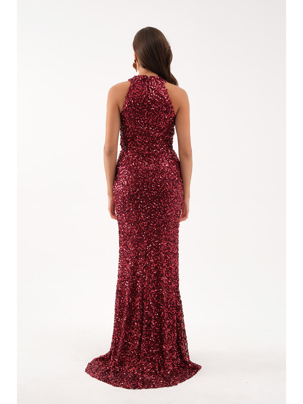 Kadın Bordo Pul İşlemeli Balık Abiye Elbise-4