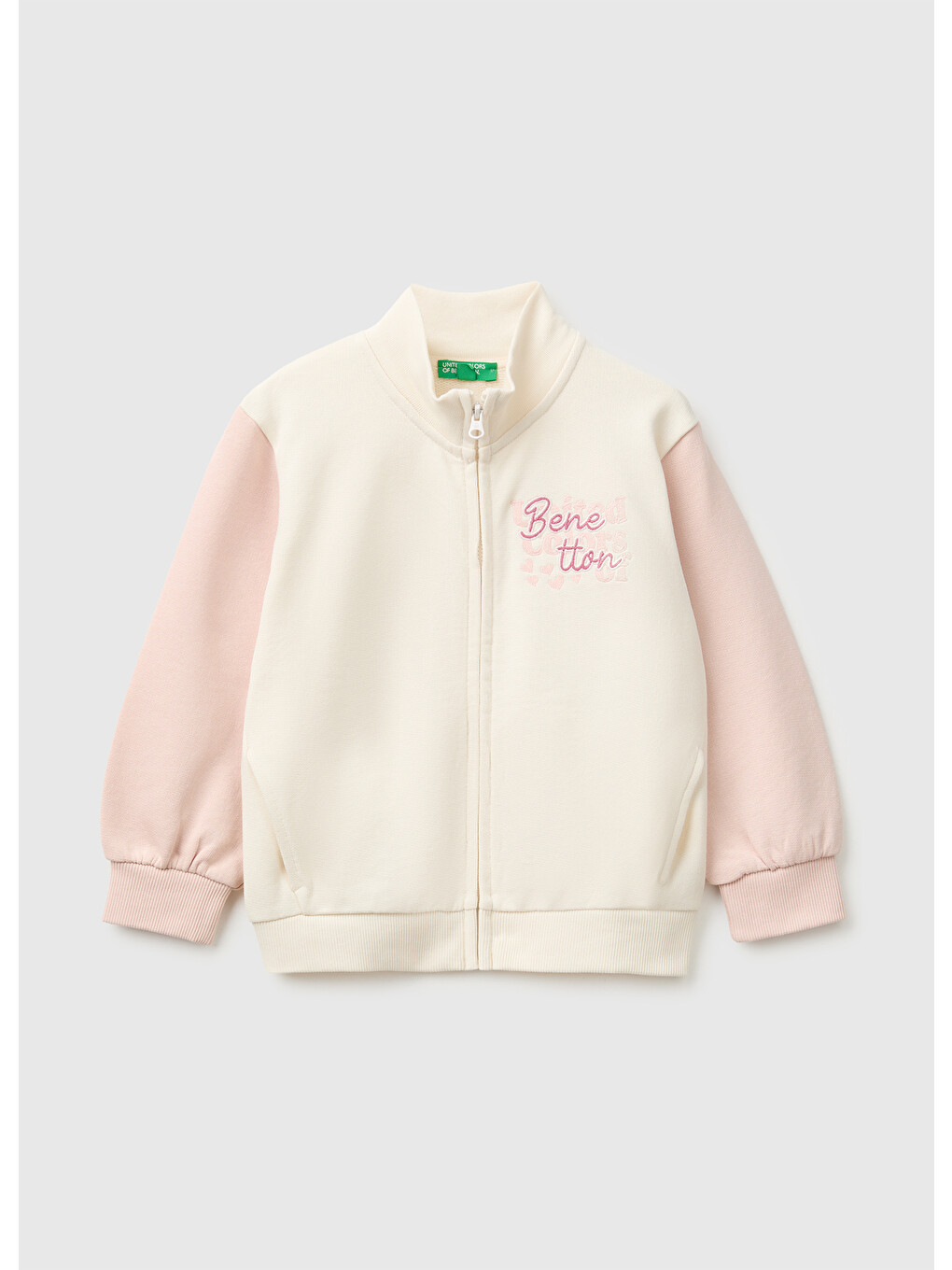 Ekru Kız Bebek Krem Önü İşlemeli Ribanalı Boğazlı Fermuarlı Dik Yaka Sweatshirt