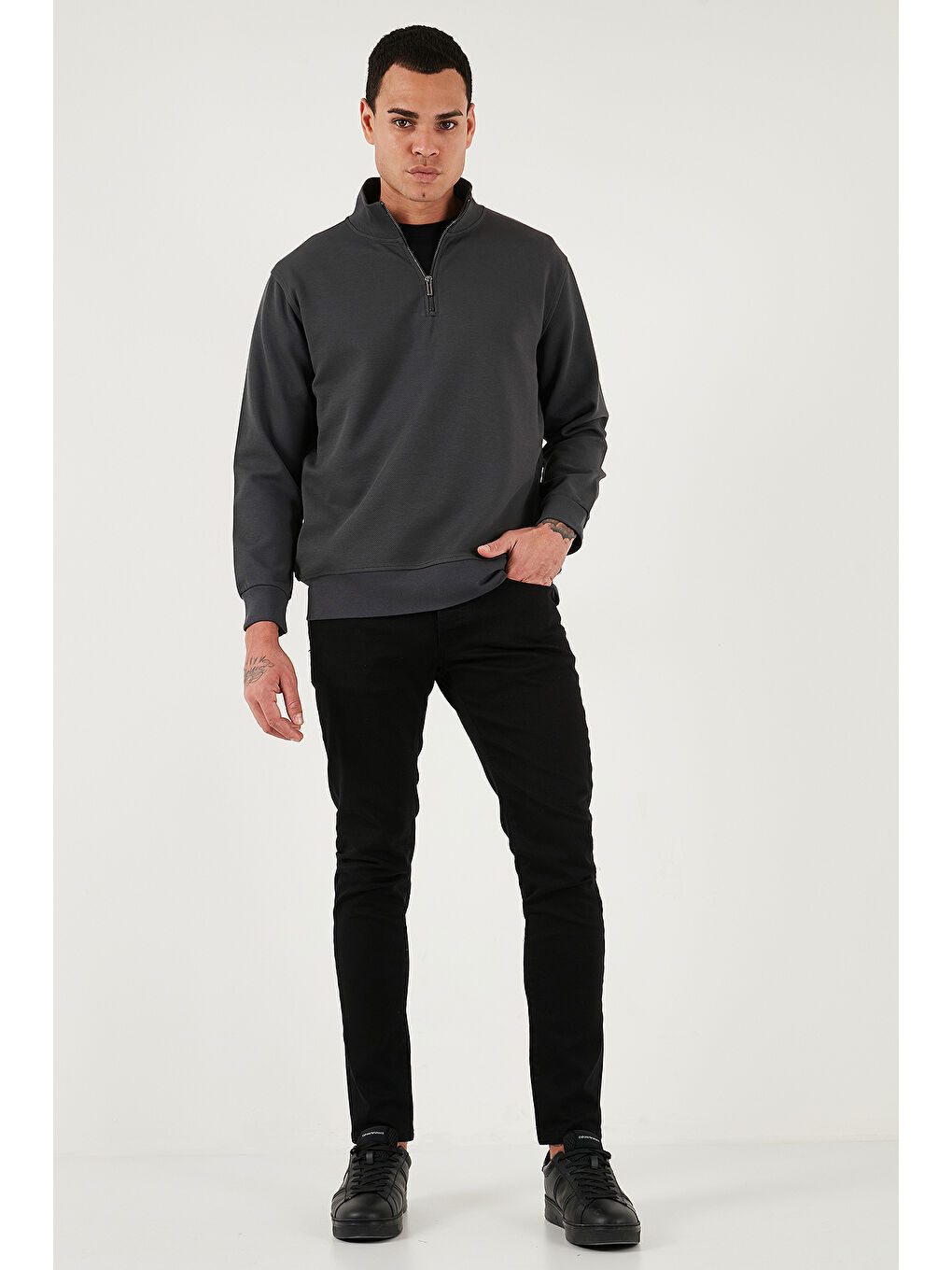 Antrasit Pamuklu Regular Fit Yarım Fermuarlı Dik Yaka Sweat 5905470-1