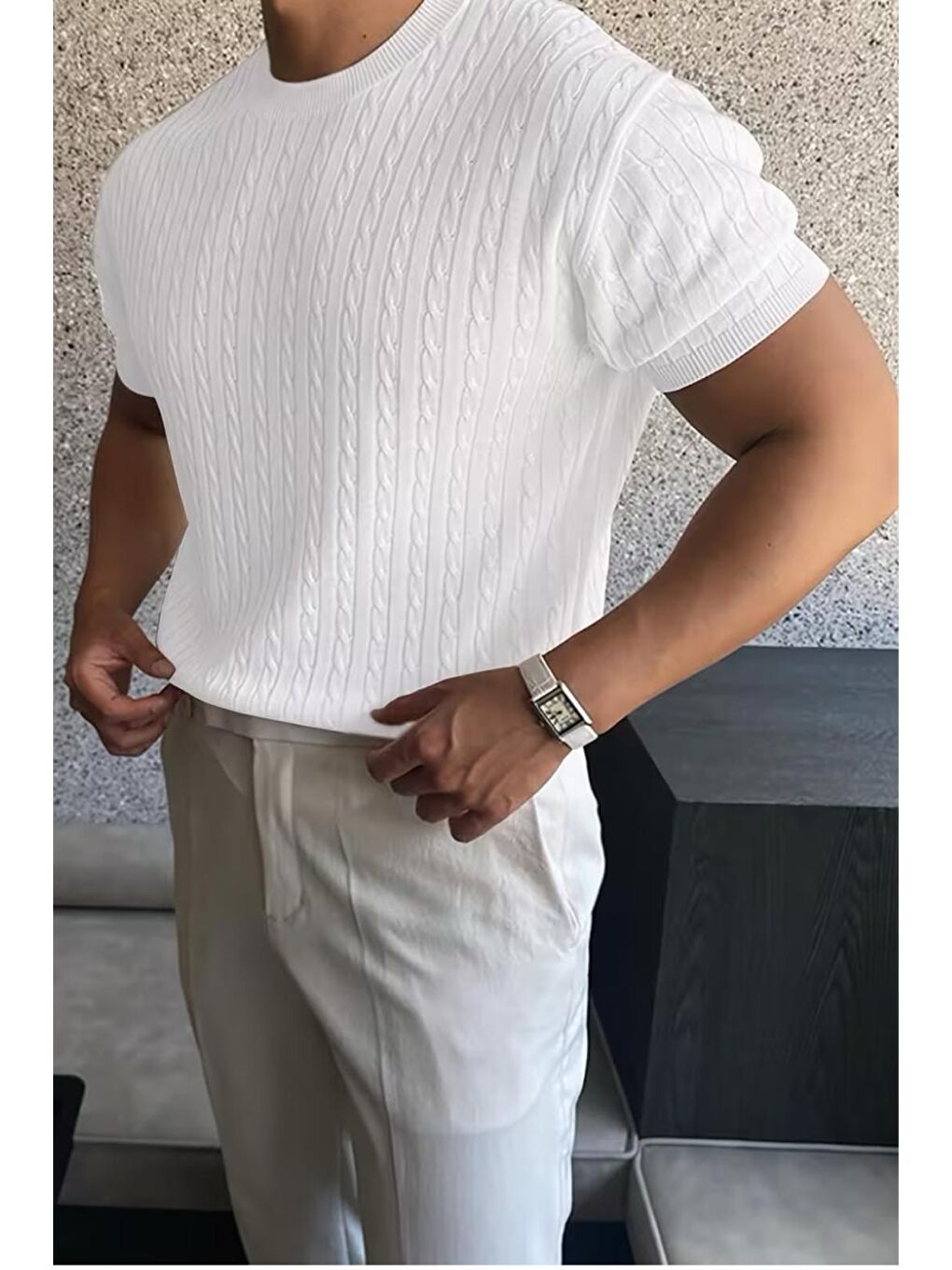 Beyaz Kelly Lüks Seri Erkek Slim Fit Saç Örgü Desenli Bisiklet Yaka Kısa Kollu Triko Tişört-1