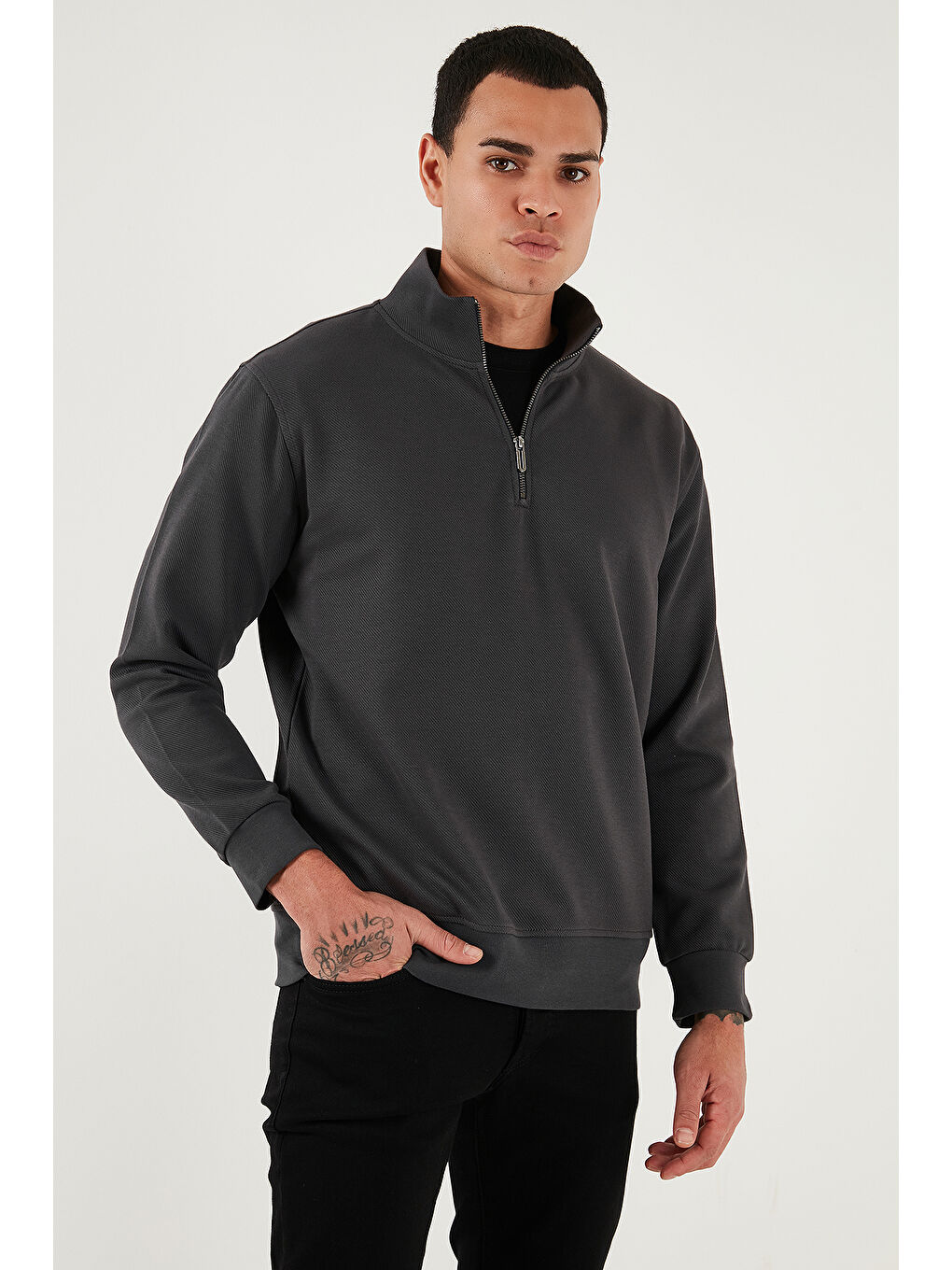 Antrasit Pamuklu Regular Fit Yarım Fermuarlı Dik Yaka Sweat 5905470-2