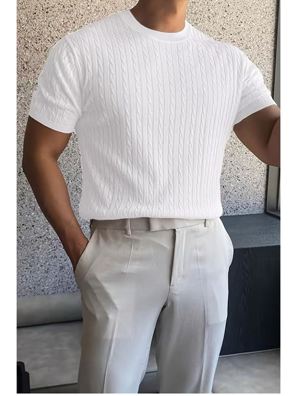 Beyaz Kelly Lüks Seri Erkek Slim Fit Saç Örgü Desenli Bisiklet Yaka Kısa Kollu Triko Tişört-2