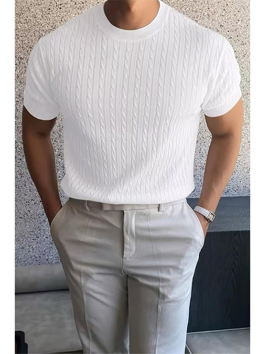 Beyaz Kelly Lüks Seri Erkek Slim Fit Saç Örgü Desenli Bisiklet Yaka Kısa Kollu Triko Tişört-3