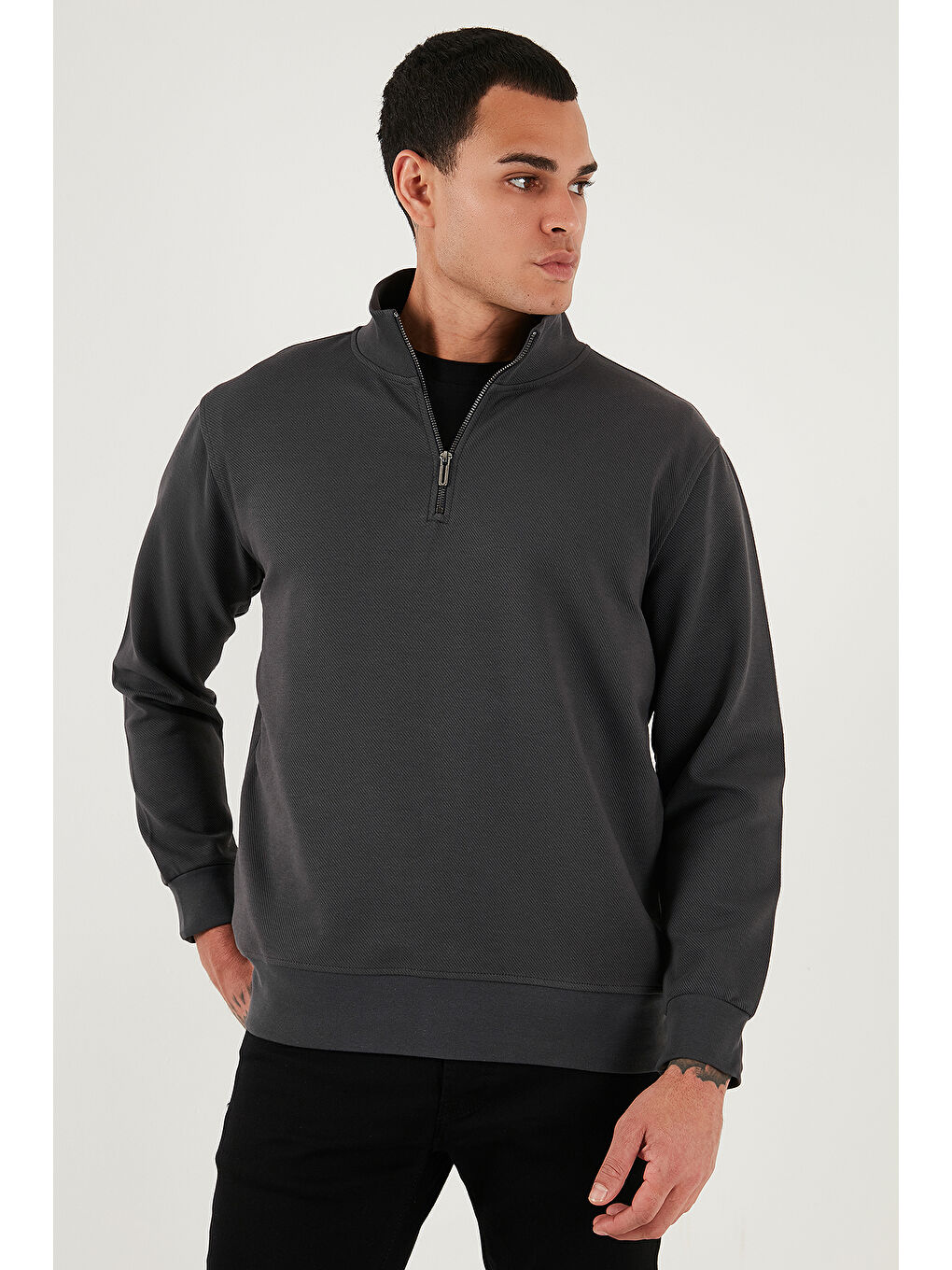 Antrasit Pamuklu Regular Fit Yarım Fermuarlı Dik Yaka Sweat 5905470-3