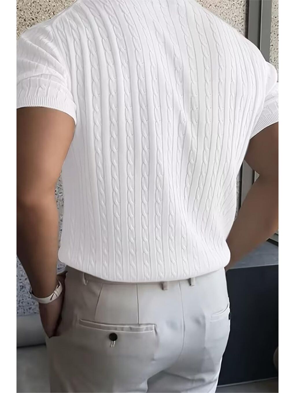 Beyaz Kelly Lüks Seri Erkek Slim Fit Saç Örgü Desenli Bisiklet Yaka Kısa Kollu Triko Tişört-4