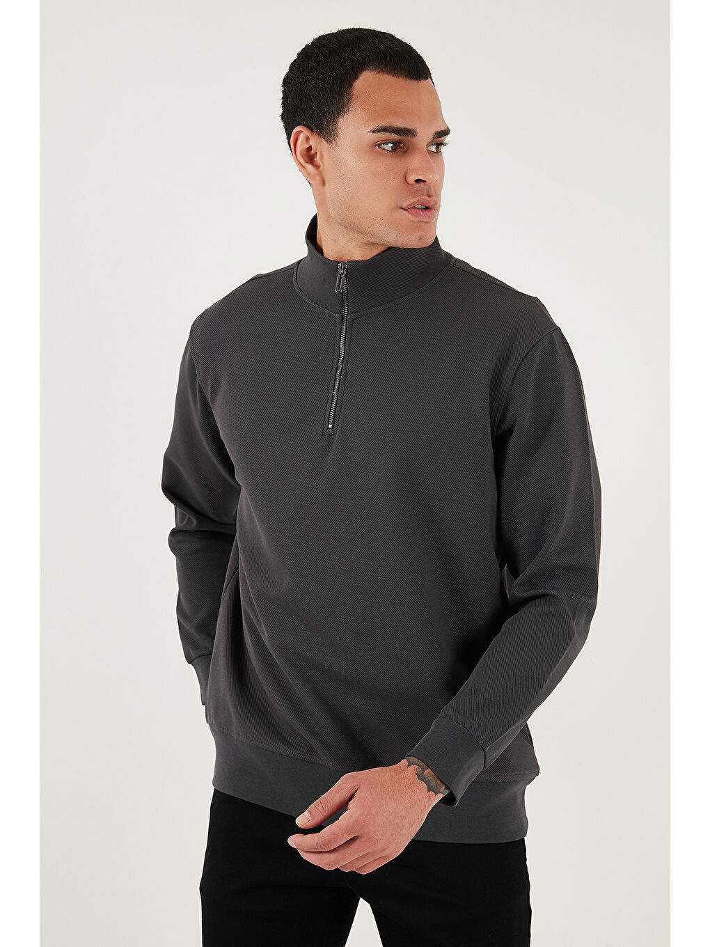 Antrasit Pamuklu Regular Fit Yarım Fermuarlı Dik Yaka Sweat 5905470-4