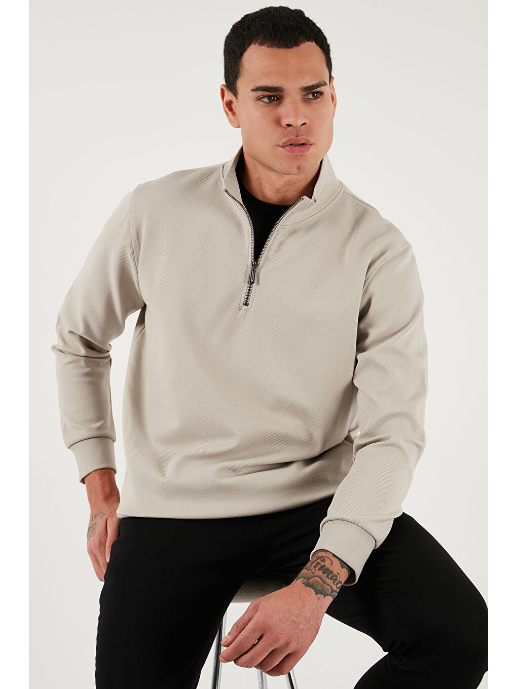 Bej Pamuklu Regular Fit Yarım Fermuarlı Dik Yaka Sweat 5905470