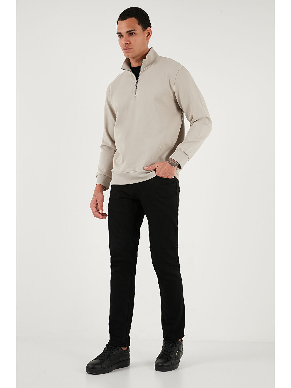 Bej Pamuklu Regular Fit Yarım Fermuarlı Dik Yaka Sweat 5905470-1