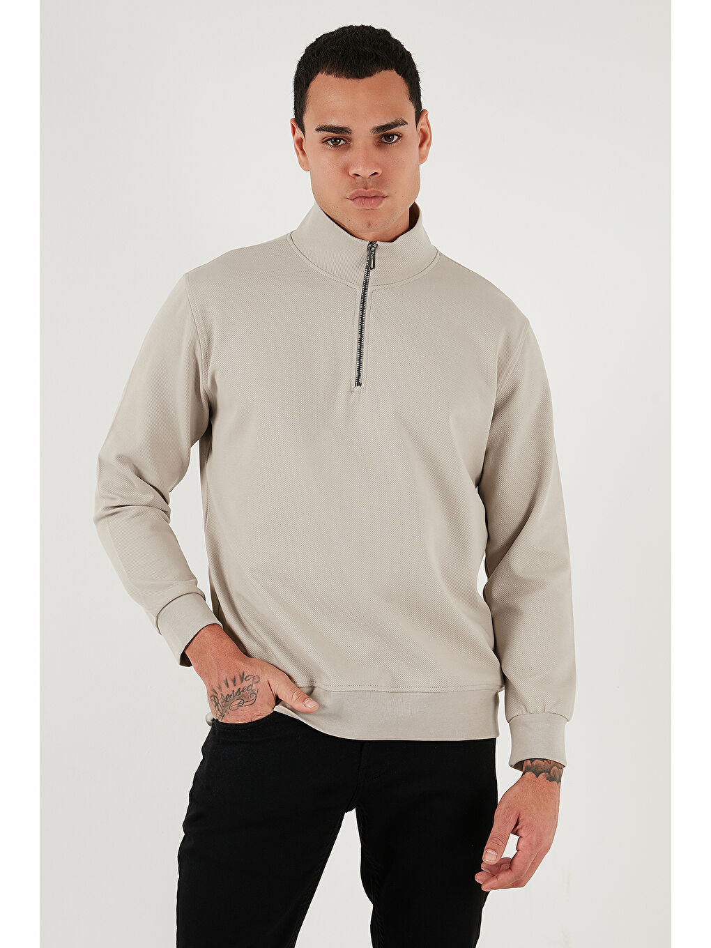 Bej Pamuklu Regular Fit Yarım Fermuarlı Dik Yaka Sweat 5905470-2