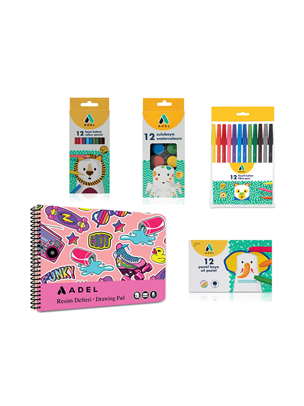 4’lü Set,Resim Defteri 25x35,Kuru Boya,Keçeli Kalem,Pastel Boya,Suluboya(Karma Renk Gönderilir)