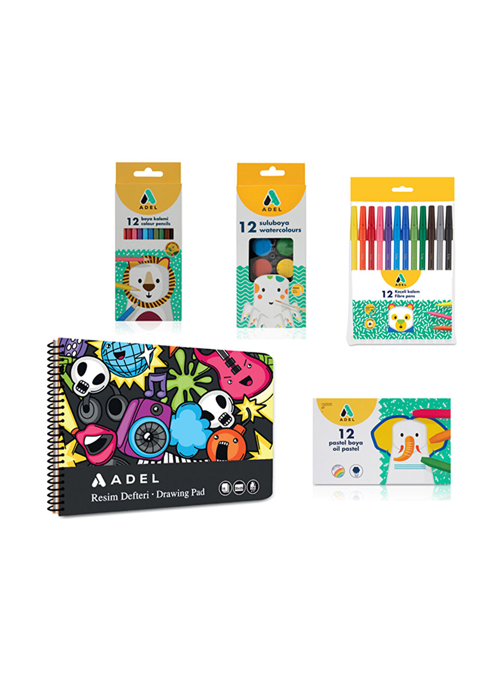 4’lü Set,Resim Defteri 25x35,Kuru Boya,Keçeli Kalem,Pastel Boya,Suluboya(Karma Renk Gönderilir)-1