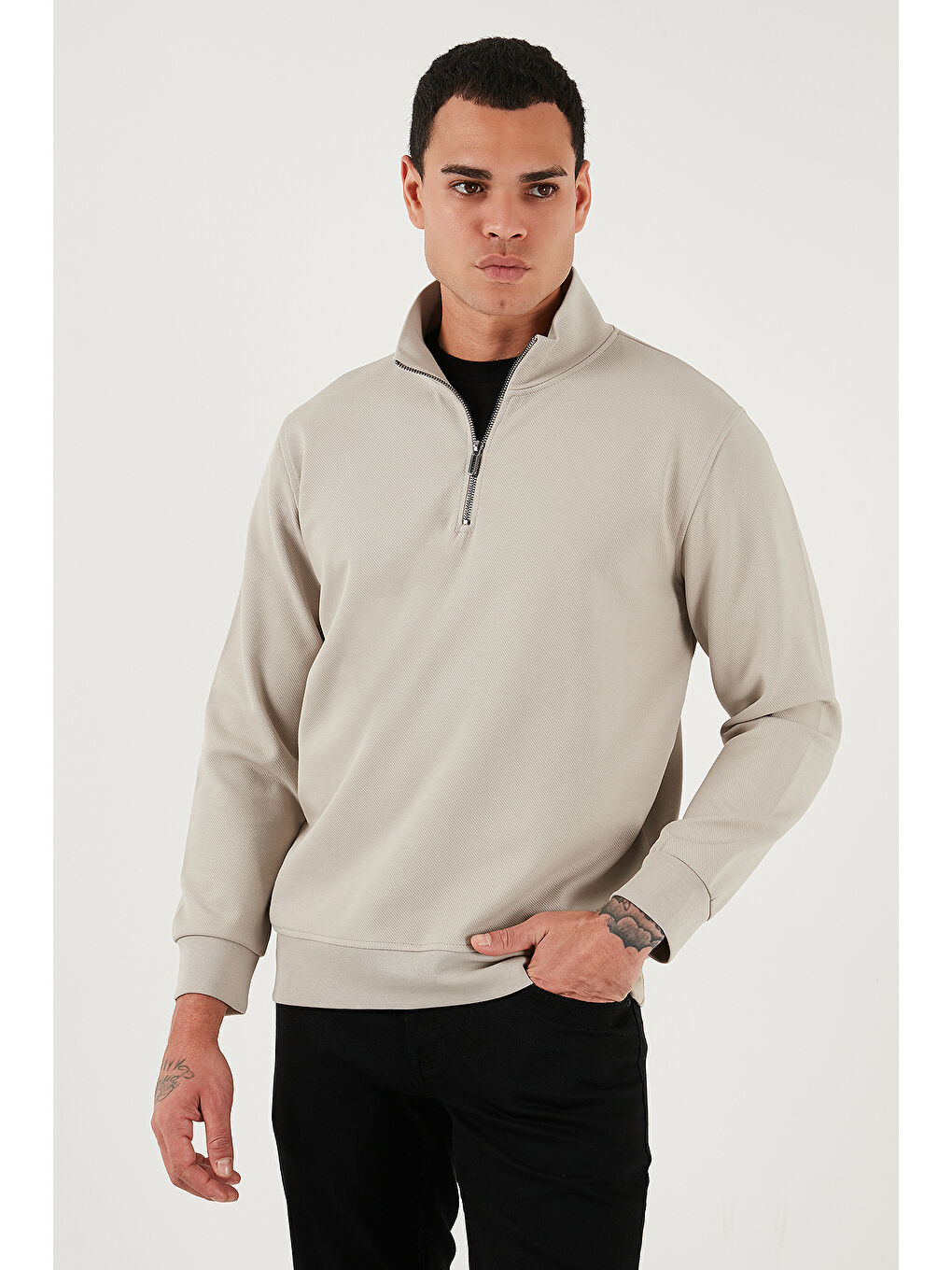Bej Pamuklu Regular Fit Yarım Fermuarlı Dik Yaka Sweat 5905470-3