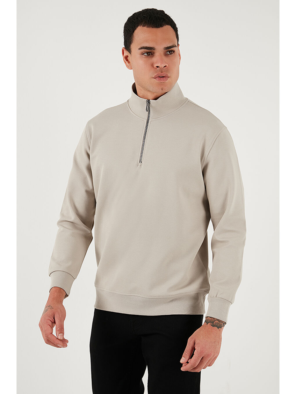 Bej Pamuklu Regular Fit Yarım Fermuarlı Dik Yaka Sweat 5905470-4
