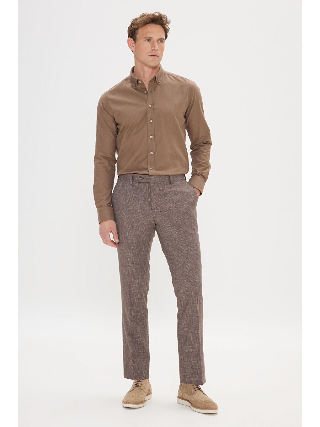 Erkek Kahverengi %100 Pamuk Oxford Slim Fit Dar Kesim Düğmeli Yaka Flamlı Gömlek-1