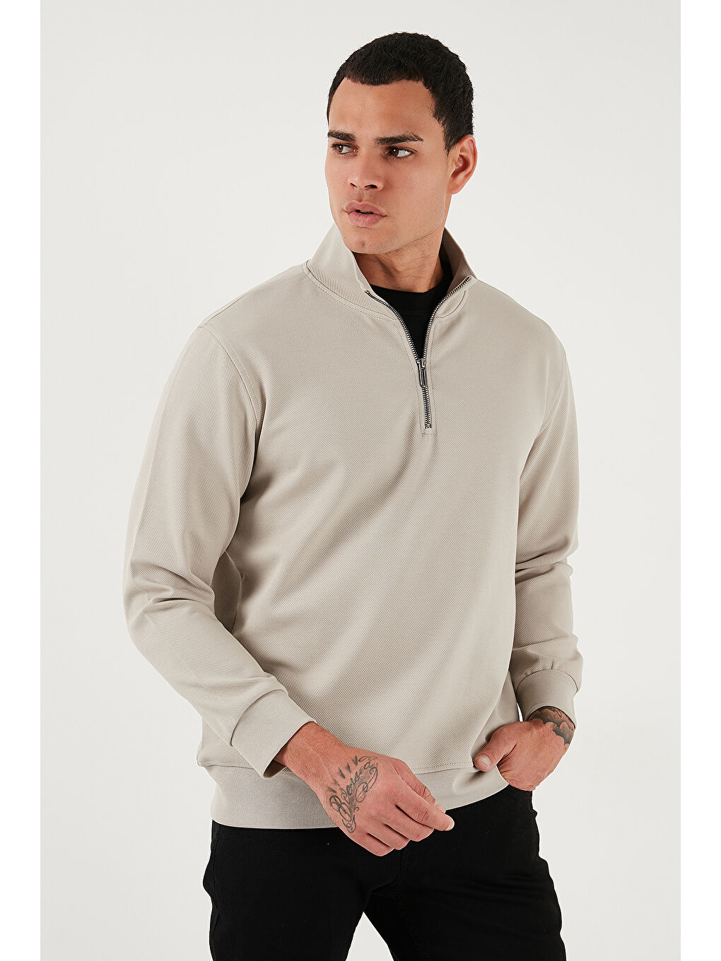 Bej Pamuklu Regular Fit Yarım Fermuarlı Dik Yaka Sweat 5905470-5