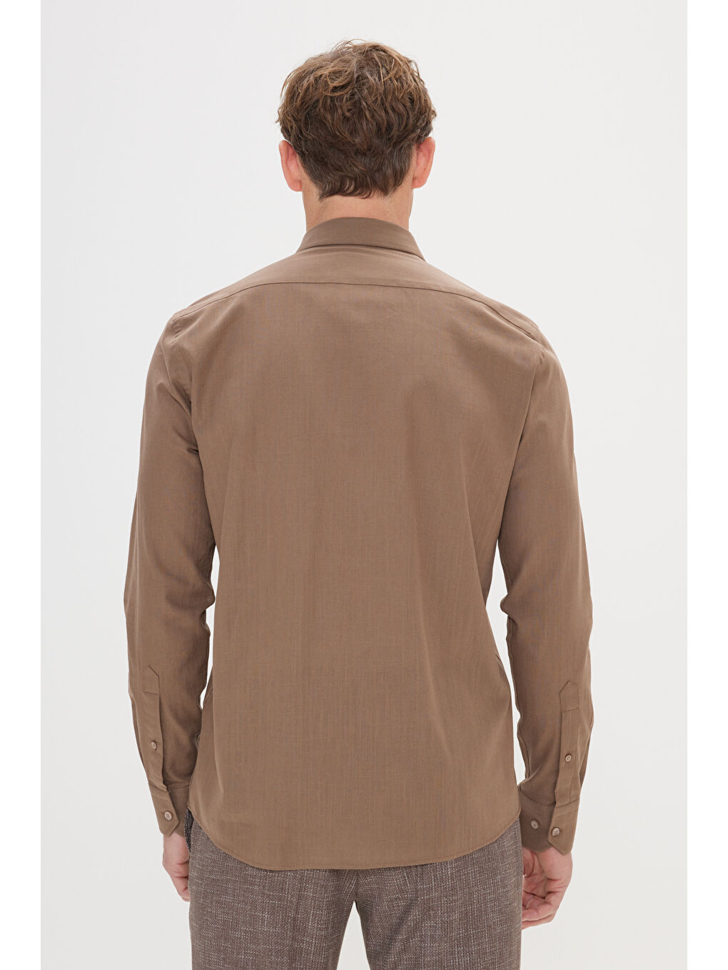 Erkek Kahverengi %100 Pamuk Oxford Slim Fit Dar Kesim Düğmeli Yaka Flamlı Gömlek-4