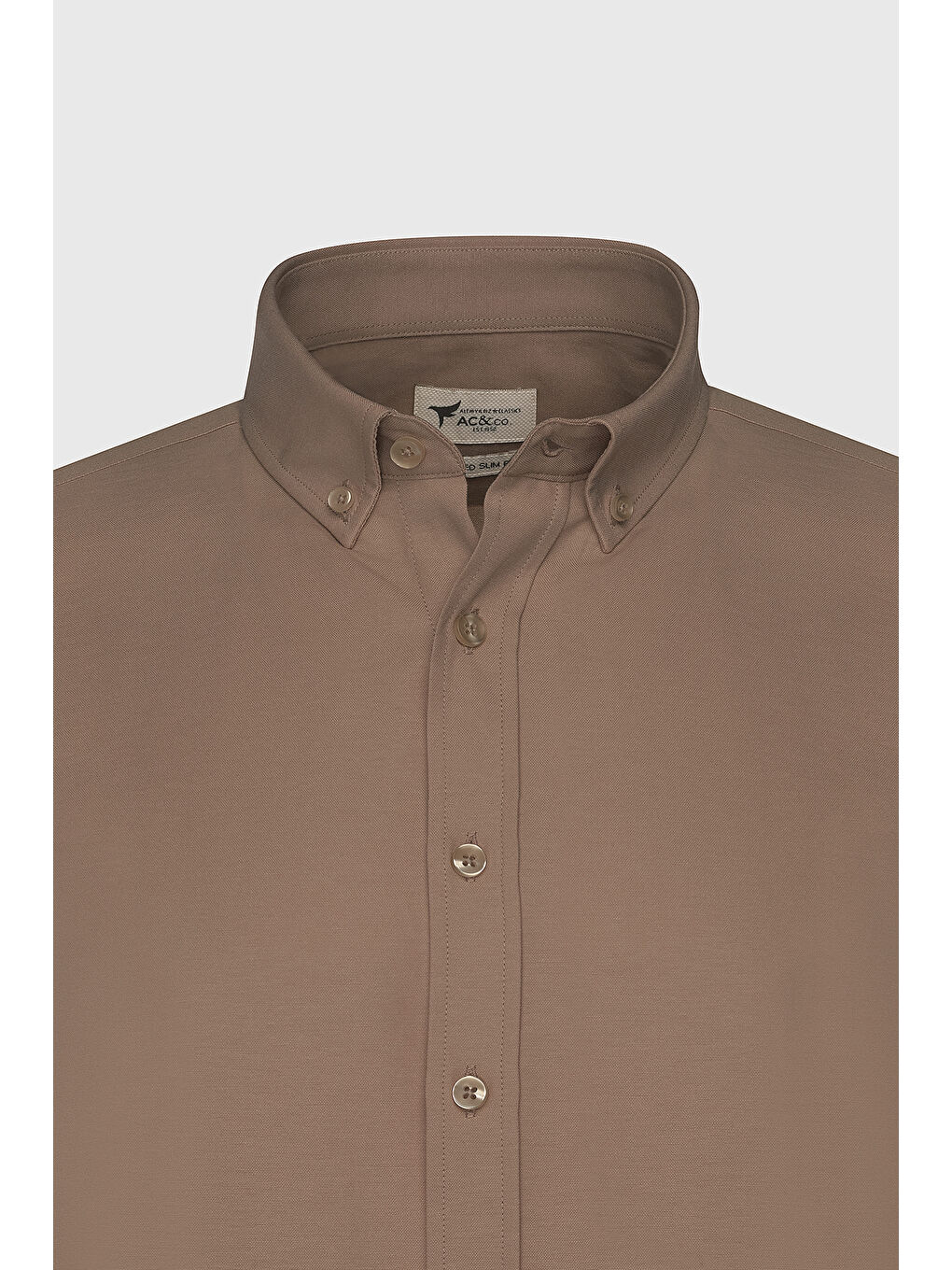 Erkek Kahverengi %100 Pamuk Oxford Slim Fit Dar Kesim Düğmeli Yaka Flamlı Gömlek-6