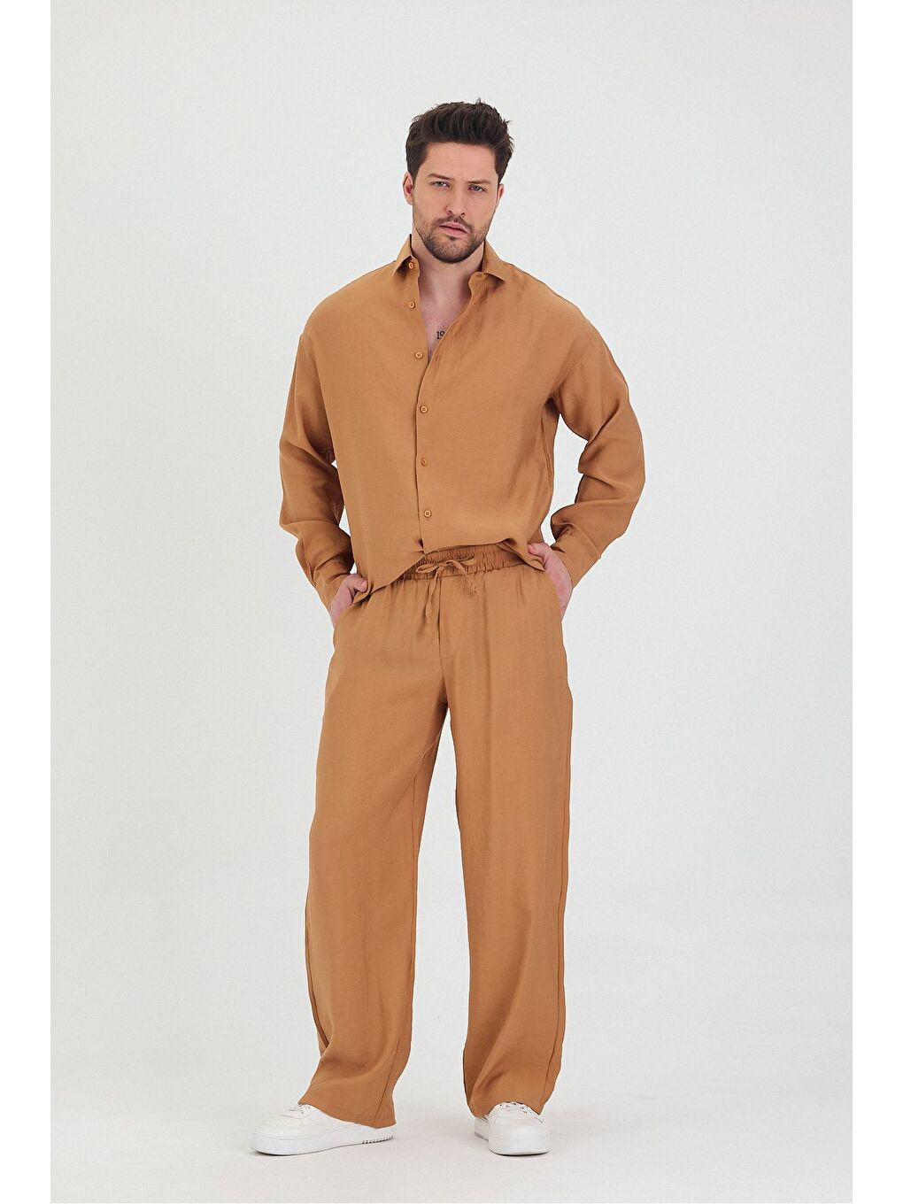 Kahverengi Erkek Oversize Rahat Kalıp Gömlek-Pantolon Alt-Üst Takım-1