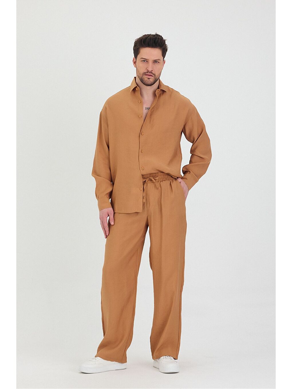 Kahverengi Erkek Oversize Rahat Kalıp Gömlek-Pantolon Alt-Üst Takım-3