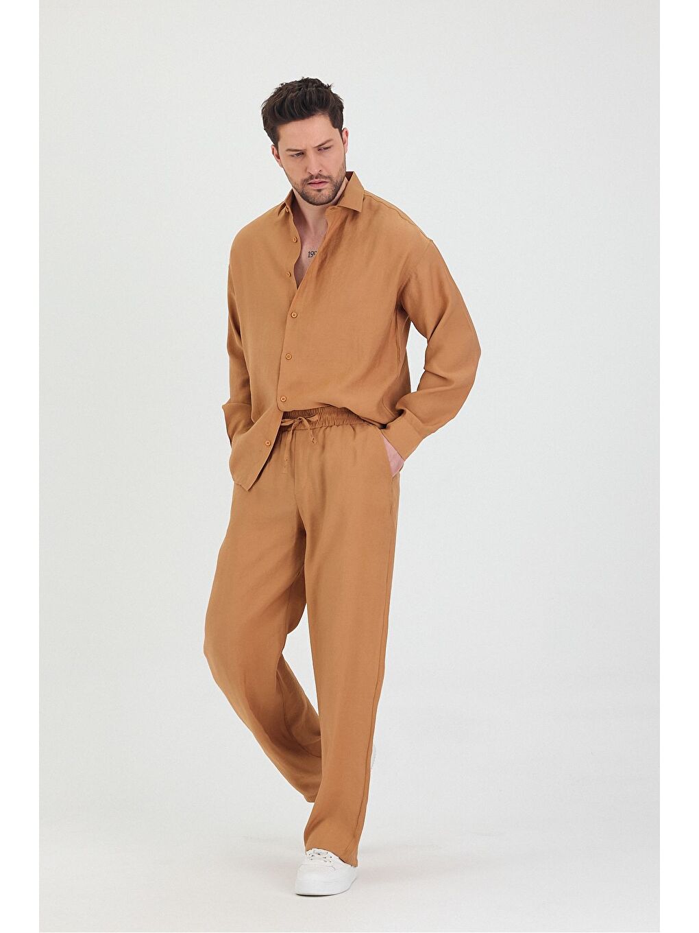 Kahverengi Erkek Oversize Rahat Kalıp Gömlek-Pantolon Alt-Üst Takım-4