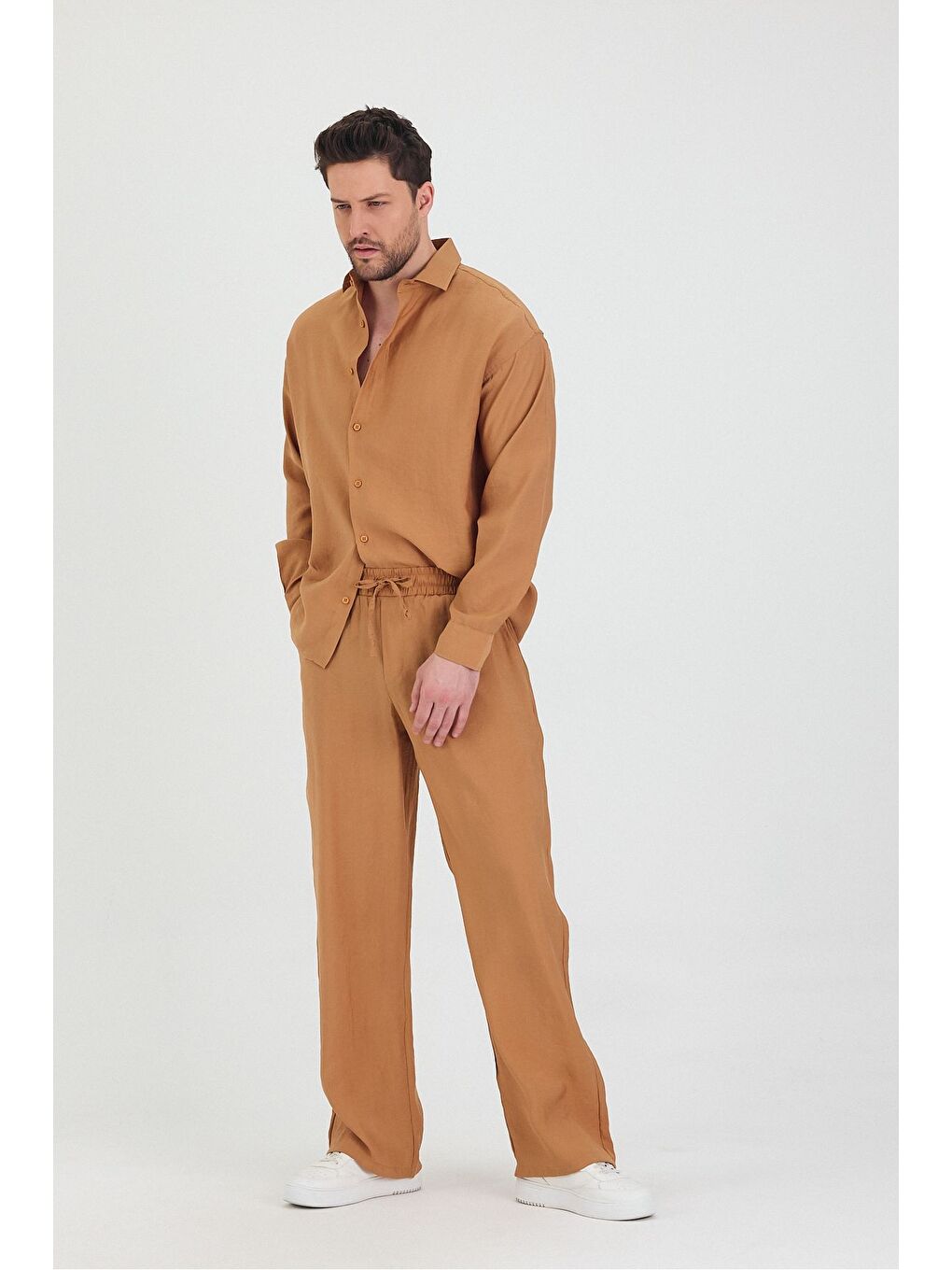 Kahverengi Erkek Oversize Rahat Kalıp Gömlek-Pantolon Alt-Üst Takım-5