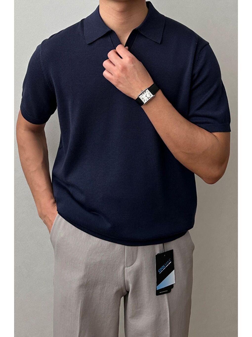 Erkek Lacivert Patlı Kısa Kollu Polo Yaka Triko T-Shirt-1