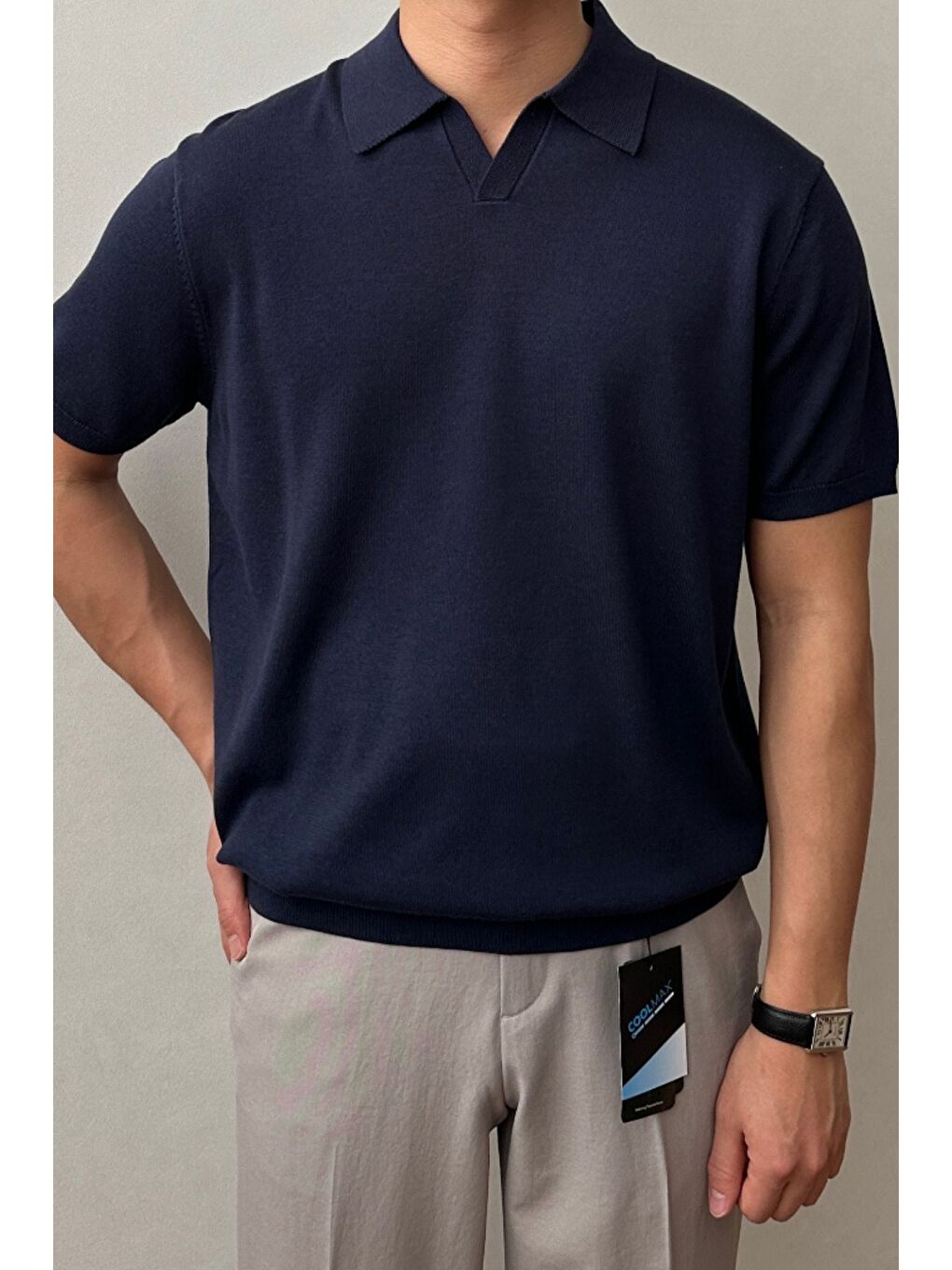 Erkek Lacivert Patlı Kısa Kollu Polo Yaka Triko T-Shirt-2