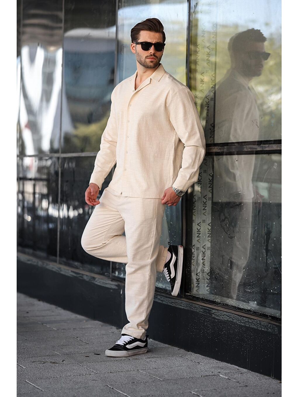 Bej Rahat Kesim Erkek Keten Gömlek Pantolon %100 Pamuk Takım E7327-1