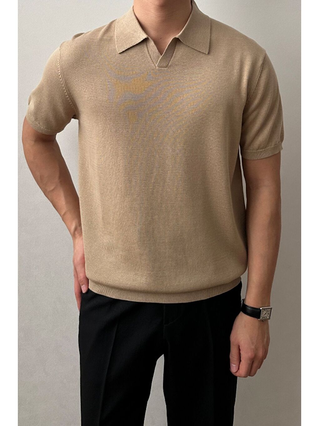 Kahverengi Erkek Camel Patlı Kısa Kollu Polo Yaka Triko T-Shirt-1