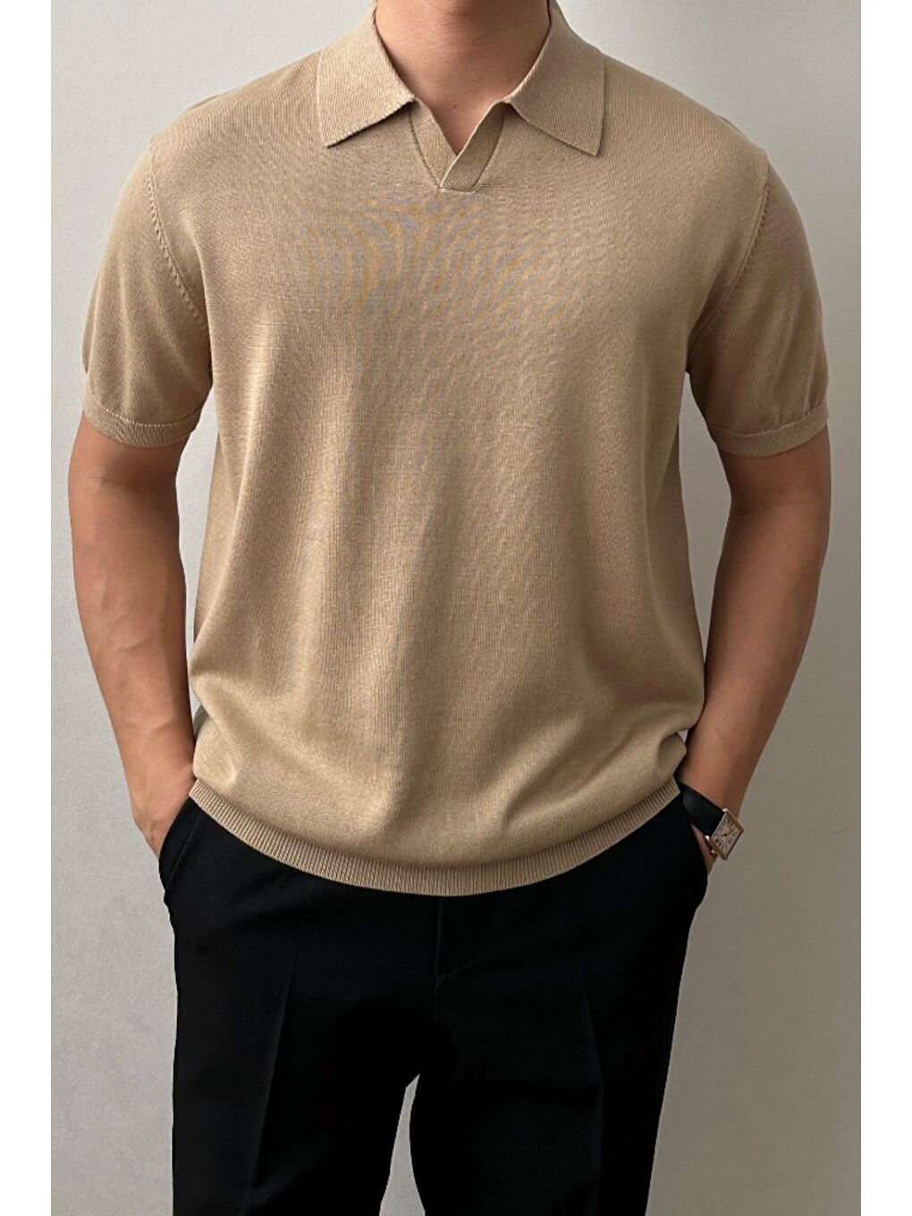 Kahverengi Erkek Camel Patlı Kısa Kollu Polo Yaka Triko T-Shirt-2