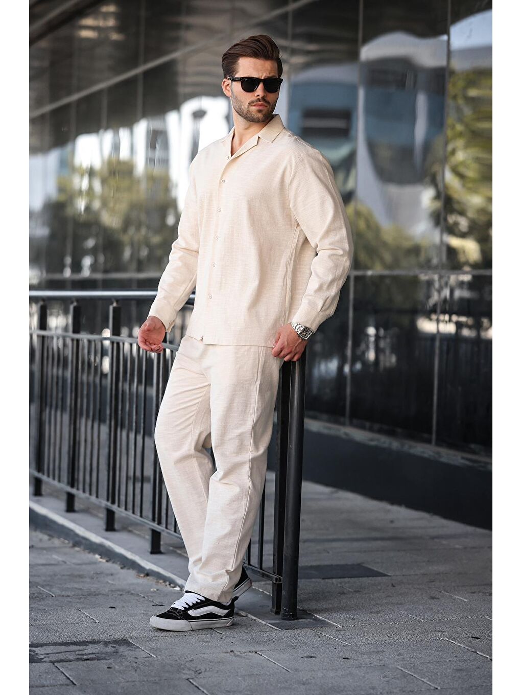 Bej Rahat Kesim Erkek Keten Gömlek Pantolon %100 Pamuk Takım E7327-2