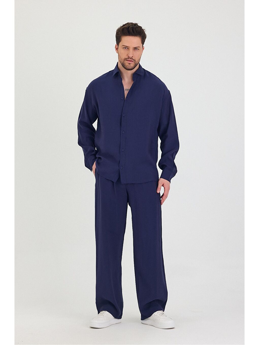Lacivert Erkek Oversize Rahat Kalıp Gömlek-Pantolon Alt-Üst Takım