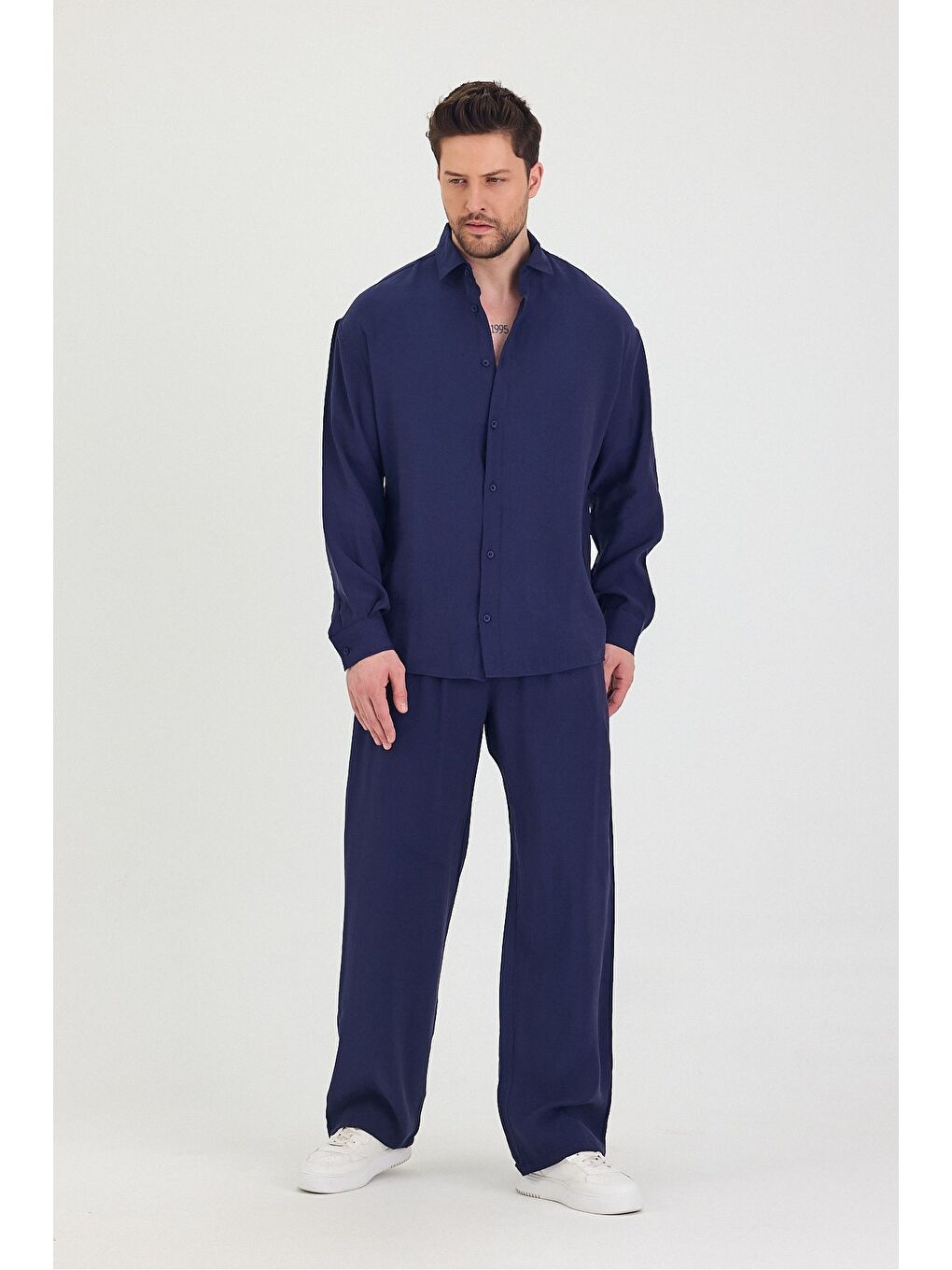 Lacivert Erkek Oversize Rahat Kalıp Gömlek-Pantolon Alt-Üst Takım-1
