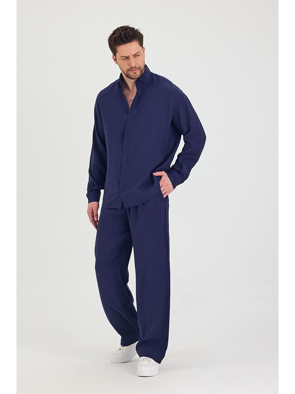 Lacivert Erkek Oversize Rahat Kalıp Gömlek-Pantolon Alt-Üst Takım-3