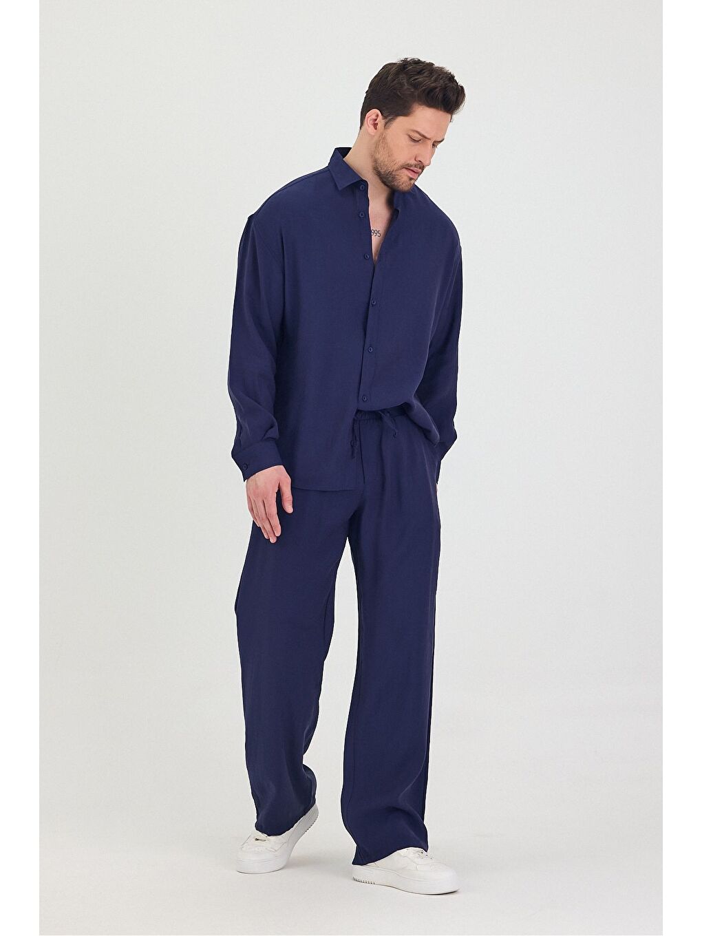 Lacivert Erkek Oversize Rahat Kalıp Gömlek-Pantolon Alt-Üst Takım-5
